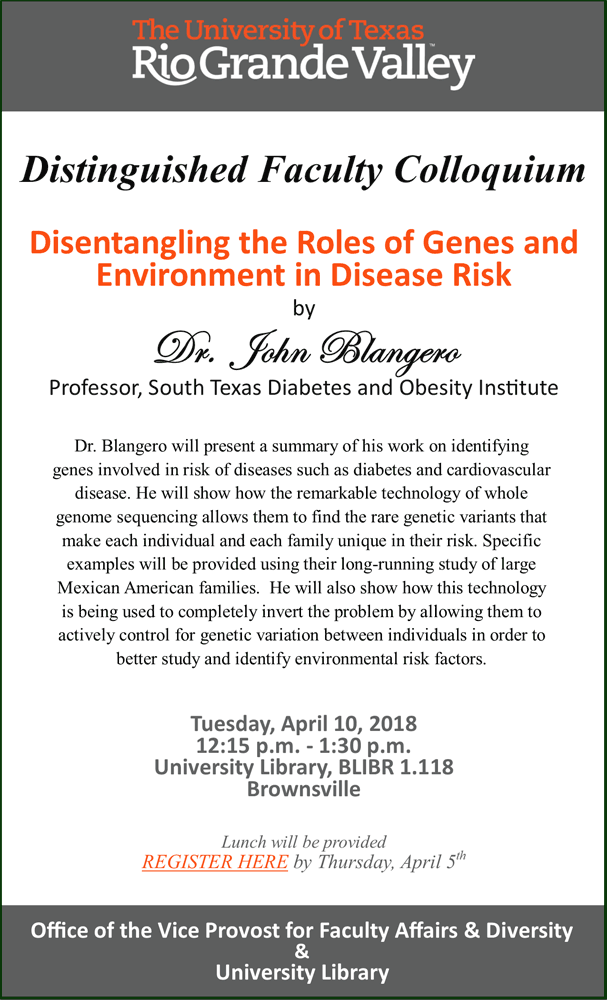 Dr. Blangero will present a summary of his work on identifying genes involved in risk of deseases such as diabetes and cardiovascular disease. He will show how the remarkable technology of whole genome sequencing allows them to find the rare genetic variants that make each individual and each family unique in their risk. Specific examples will be provided using their long-running study of large Mexican American families. He will also show how this technology is being used to completely invert the problem by allowing them to actively control for genetic variation between individuals in order to better study and identify environmental risk factors.