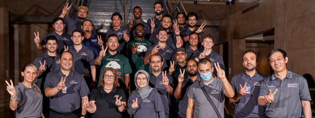 MECIS group photo. From left to right (first row): Manuela Cantu (Program Assistant), Constantine Tarawneh (Founding Director, PI), Angela Chapman (Diversity and Education Coordinator, Co-PI), Fatemeh Nazari (Co-PI), Nicholas Dimakis (Senior Personnel), Tohid Sardarmehni (Senior Personnel), Jianzhi Li (Co-PI). From left to right (second row): Mohamadhossein Noruzoliaee (Founding Deputy Director, Co-PI), Madhab Pokhrel (Senior Personnel), Satya Akundi (Senior Personnel) and engineering undergraduate and graduate students.