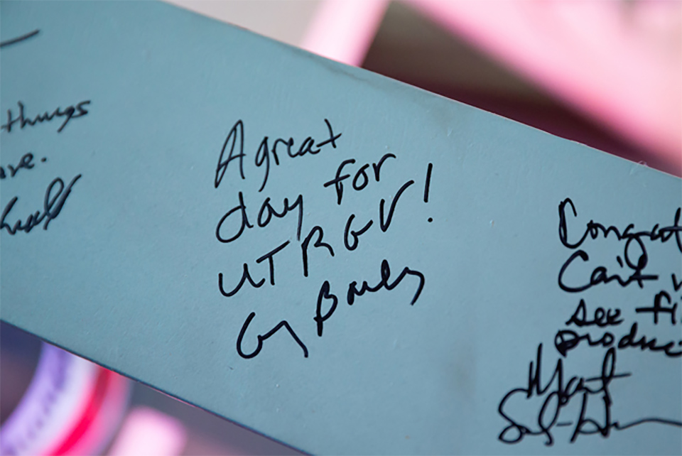 UTRGV President Guy Bailey’s message on the CIC beam. (UTRGV Photo by Paul Chouy) 