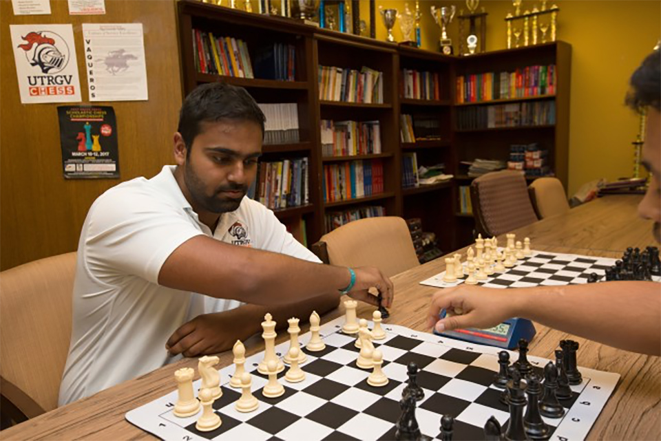 UTRGV’s Yannick Kambrath, FIDE Master, makes a move during a chess competition. (UTRGV Archive Photo by Veronica Gaona)