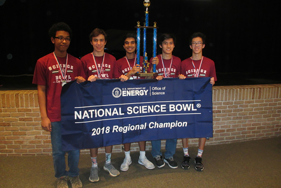 Image descriptionCorpus Christi King High School was the winner in the UTRGV Regional Science Bowl, held Feb. 17 on the Edinburg Campus. This is the third win for King High School. From left are Aiden Alanmanou, William Nacci, team captain Darren Rodrigues, Christopher Heatherly and Christopher Fan. (Courtesy Photo by UTRGV)
