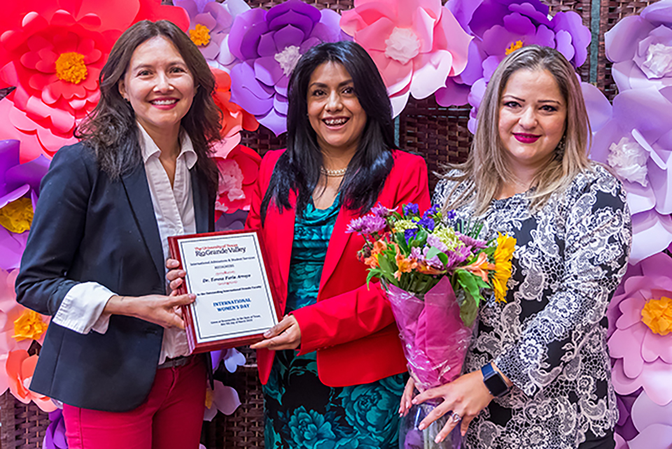 Dr. Teresa Feria-Arroyo, UTRGV associate professor of biology, was honored as the Outstanding International Female Faculty Member on Friday, during UTRGV’s International Women’s Day celebration, held on the Brownsville Campus. In addition, scholarships were awarded to Outstanding International Female Students at the undergraduate, master’s, and doctoral levels. Shown here (from left) are Karina Stiles-Cox, chair of the Women’s Faculty Network. Feria-Arroya, and Samantha Lopez, director of UTRGV’s International Admissions and Student Services. (UTRGV Photo by David Pike)