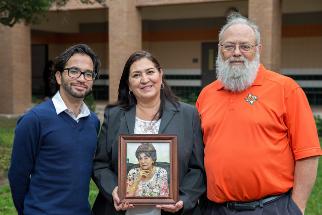 Three generations of rehabilitation services students at UTRGV and legacy institution UTPA – grandson Jesus Alberto Basañez, his mother Bonnie Marie Notergiacomo, and her mother Ernestina Notergiacomo (shown here posthumously, in a framed photograph) – all have been involved in the university’s Rehabilitation Services program, and all have been recipients of the federal RSA Scholarship from the U.S. Department of Education. They are shown here with Dr. Bruce Reed at right), UTRGV professor and director of the School of Rehabilitation Services and Counseling. (UTRGV Photo by Paul Chouy)