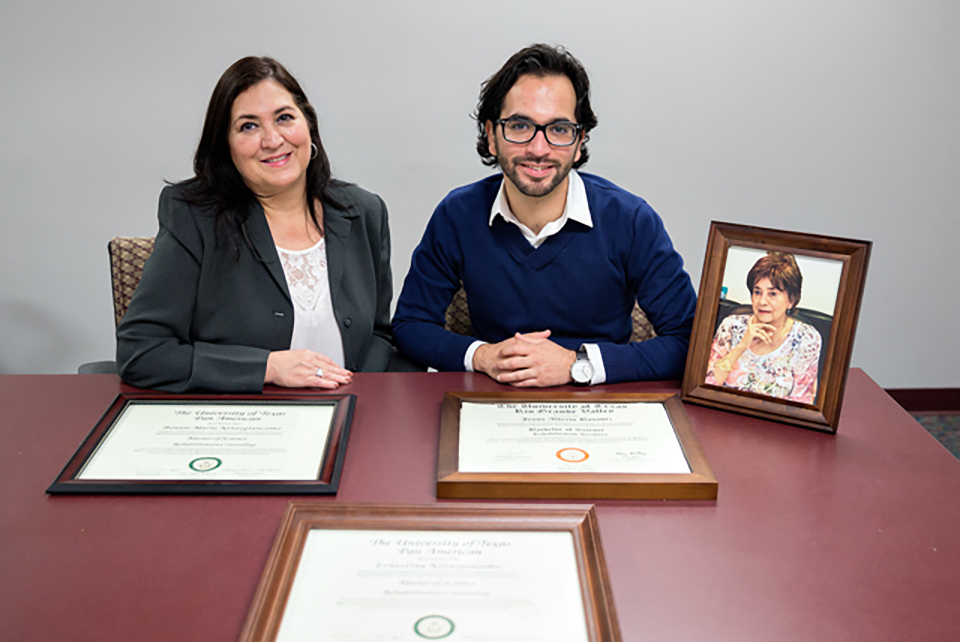 Three generations of rehabilitation services students at UTRGV and legacy institution UTPA – Bonnie Marie Notergiacomo, her son Jesus Alberto Basañez, and her mother Ernestina Notergiacomo (shown here posthumously, in a framed photograph) – all have been involved in the university’s Rehabilitation Services program, and all have been recipients of the federal RSA Scholarship from the U.S. Department of Education. (UTRGV Photo by Paul Chouy)