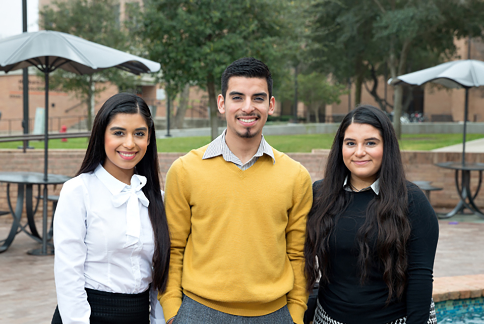Triplets Karla, Oscar and Karen Romero are UTRGV students from Roma, Texas, who say the challenges of navigating college life as a trio are different from high school, where everyone knew them. They only have one class together at UTRGV, but they still live together and continue to split household duties into thirds. (UTRGV Photo by Paul Chouy) 
