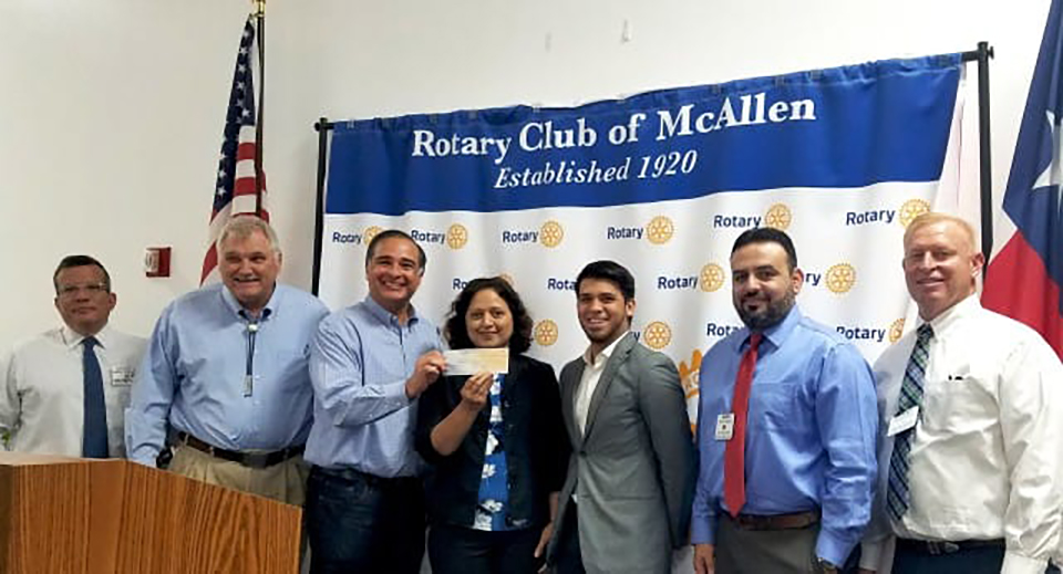 The McAllen Founders Rotary Club and the McAllen South Rotary Club each has made a $2,000 donation to the UTRGV Office of Continuing Education to be used as scholarship money for high school students to attend the coming JSTEM (Journalism, Science, Technology, Engineering and Math) Project Based Inquiry (PBI) program. Seen here are Mario Ysaguirre, McAllen Founders Rotary Club Youth Services director; Don Drefke, McAllen Founders Rotary Club treasurer; Fred del Barrio, president of McAllen Founders Rotary Club; Jayshree Bhat, director of UTRGV Continuing Education; Aaron Barreiro, president of ULEAD Network; Mario Delgado, president-elect, McAllen Founders Rotary Club; and Brent Smith, president nominee, McAllen Founders Rotary Club. (Courtesy Photo)