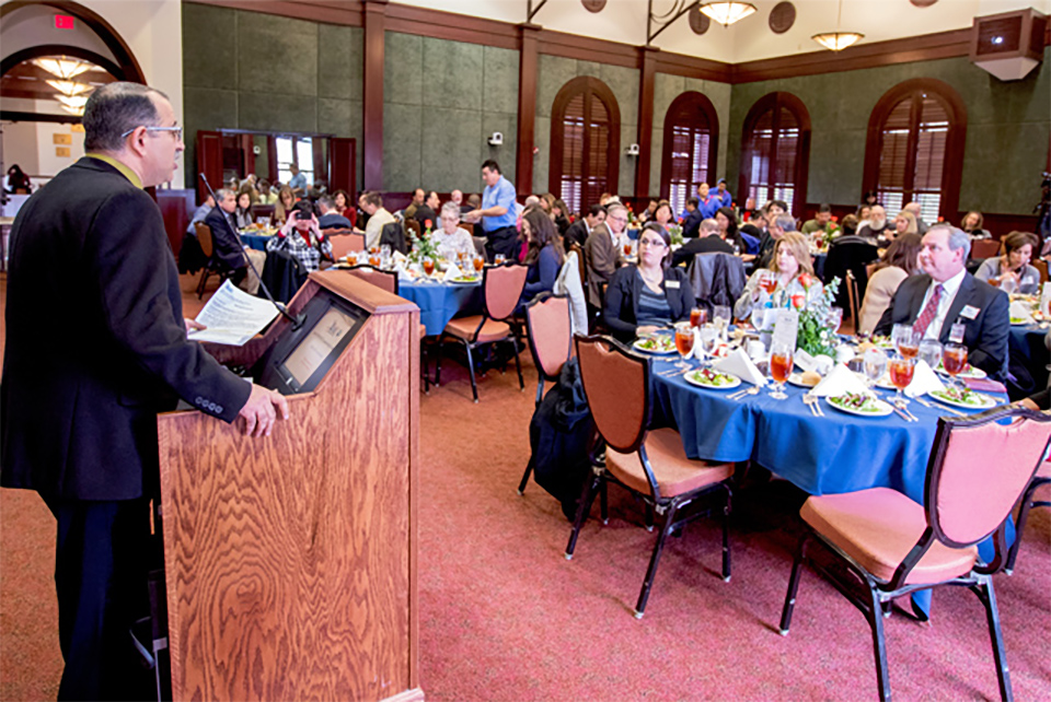 The UTRGV ADVANCE Leadership Institute is now in its sixth year, providing leadership development that increases advancement opportunities. This year, UTRGV has expanded the institute by adding university staff to the ranks of faculty participants. Here, Dr. Ala Qubbaj (far left), UTRGV vice provost for Faculty Affairs and Diversity, addresses the launch of the current institute. (UTRGV Photo by David Pike)