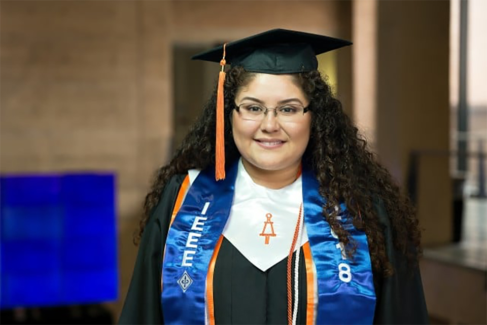 Priscilla Castillo, of McAllen, a UTRGV electrical engineering major, graduates May 12 with a Bachelor of Science, and just one month later will start a new job in Dallas as a quality engineer with Texas Instruments. A first-generation graduate, she already has interned at NASA and General Electric, and plans to work toward a master’s degree through Texas Instruments, She advises girls and young women not to be intimidated by the field of engineering and other STEM careers because they are typically male-dominated. ‘Pursue a career in this field for yourself,’ she says, ‘and don’t let the men intimidate you.’ (UTRGV Photo by Paul Chouy)