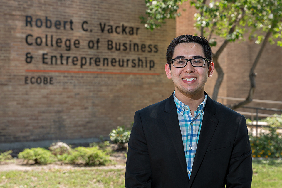 Arturo Olivarez, a UTRGV accountancy junior from Harlingen, in June starts a prestigious paid internship with Price Waterhouse Coopers (PWC), one of the “big four” accounting firms. And when the PWC summer internship is over, he heads off to Washington, D.C., in August to spend the fall semester as an Archer Fellow. He returns to UTRGV in December, and plans to pursue a law degree after graduation in 2019 with a bachelor’s degree in accounting, to focus on economics and immigration. He said a UTRGV Law School Preparation Institute (LSPI) last summer helped him focus in on incorporating his interest in both fields: accounting and law. (UTRGV Photo by Paul Chouy)