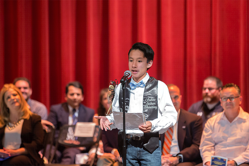 UTRGV’s Center for Bilingual Studies, in partnership with PUEDE (Parents United for Excellent Dual Education) and UTRGV’s B3 Institute, hosted a graduation ceremony Tuesday, May 22, for more than 40 McAllen ISD fifth-graders who were celebrated for being the first cohort of Dual-Language Program graduates on the UTRGV Edinburg Campus. Pictured is Eric Castillo, a fifth grader from Andrew Jackson Elementary, who completed the program. Castillo thanked the school district and university for offering the program and helping him and his classmates excel in two languages. (UTRGV Photo by Paul Chouy)