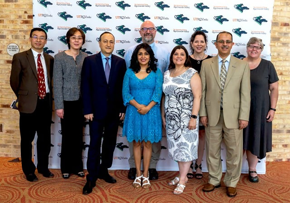 The University of Texas Rio Grande Valley honored more than 50 faculty members during its annual Faculty Excellence Awards, held Thursday, May 3, at the TSC Arts Center in Brownsville. The major awardees were (front row, from left) Yuanbing Mao, associate professor, Chemistry, Excellence in Research; Bin Wang, professor, Information Systems, Excellence in Teaching (Tenured/Tenure-Track); Karen Martirosyan, professor, Physics and Astronomy, Excellence in Student Mentoring; Teresa Patricia Feria Arroyo, associate professor, Biology, Excellence in Community Engaged Scholarship; Bonnie Gunn, lecturer II, Biology, Excellence in Teaching (Non-Tenure Track); and Dr. Ala Qubbaj, senior associate vice president for Faculty Affairs and Diversity; (back row, from left) Dr. Fred Zaidan, chair of the Department of Biology, accepting the award for his department for Excellence in Faculty Mentoring; Maria Elena Corbeil, associate professor, Teaching and Learning, Excellence in Service; and Amy Hay, associate professor, History, Excellence in Sustainability Education. (UTRGV Photo by David Pike)