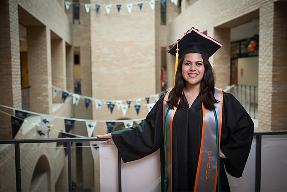 Alyssa De Leon, a biology major from San Benito, says she will share her UTRGV Memory Stole with her parents, to honor the support they provided throughout her time in college. (UTRGV Photo by Silver Salas)