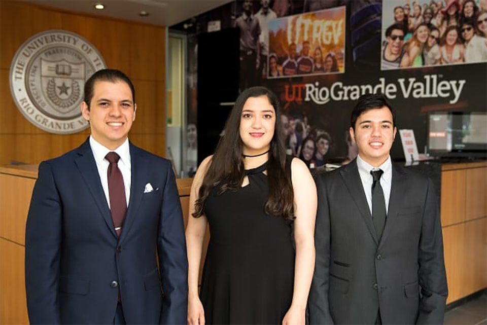 UTRGV students (from left) Joshua, Victoria and Zachary Perez are triplets from Edinburg who have shared every graduation since kindergarten. But their May 2018 commencement ceremony probably will be their last together. All three are biology majors, but each had chosen a different path for the future. Zachary is pursuing a master’s degree in biology at UTRGV; Victoria will continue at UTRGV to pursue a master’s degree in manufacturing engineering; and Joshua will attend the UT-Austin College of Pharmacy. (UTRGV Photo by Paul Chouy)