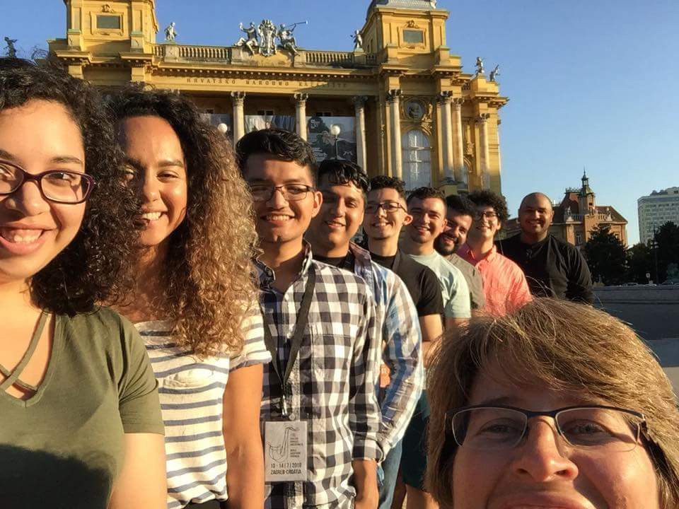 On July 13, UTRGV’s Saxophone Ensemble of 12 students performed at the 18th World Saxophone Congress in Zagreb, Croatia. The World Saxophone Congress is an international festival that gathers some 1,000 saxophonists and other musicians from the world over.