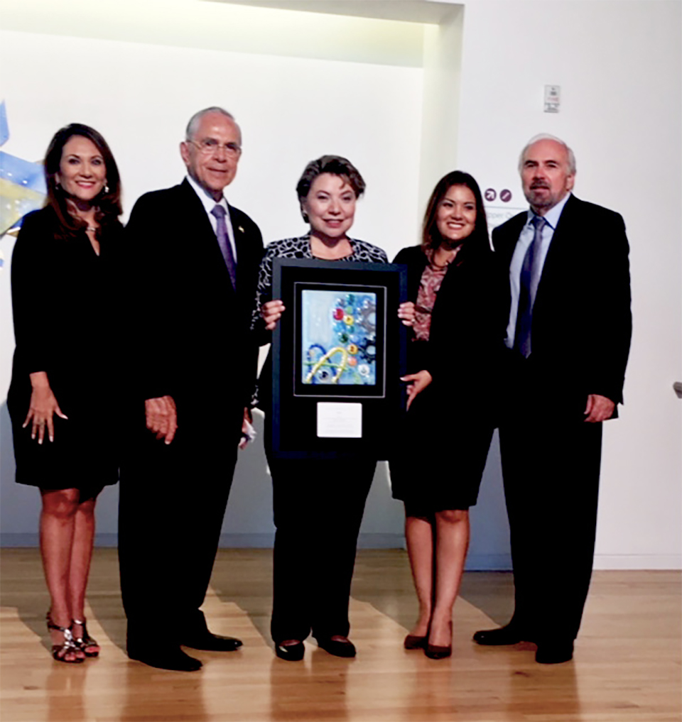 Shell was honored for its longtime commitment to the UTRGV HESTEC program with the HESTEC CIENCIA award, presented at a reception on Thursday, Oct. 4, at the Performing Arts Complex on the UTRGV Edinburg Campus. From left are Veronica Gonzales, UTRGV vice president for Governmental and Community Relations; former U.S. Congressman Rubén Hinojosa; Tina Aguirre, Shell IT manager Capital Projects Downstream and UnConventionals; Vanessa Nichole Hernandez, outreach coordinator/constituent service representative for U.S. Congressmen Henry Cuellar; and UTRGV President Guy Bailey. (Courtesy Photo)