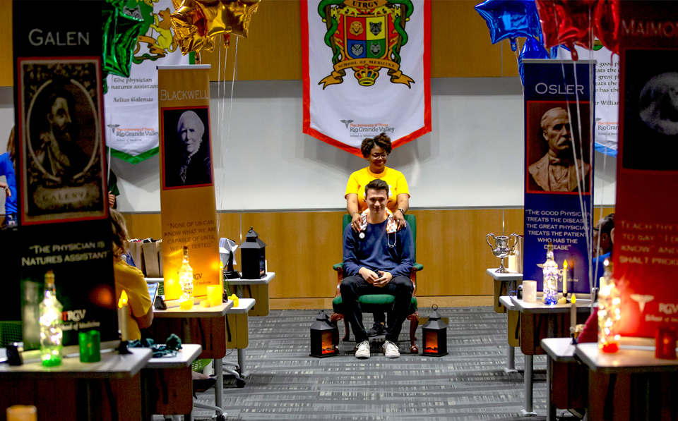 The UTRGV School of Medicine held its second annual Sorting Ceremony in September, with each member of the new cohort taking center stage to sit in the Sorting Chair. The Sorting Stethoscope was placed across their shoulders, and a voice would announce to which House the student would be sorted. The UTRGV School of Medicine has four houses – Blackwell, Maimonides, Osler (reigning champions) and Galen – which act as a learning community and family, and provide some fun competition: The winning house is awarded the House Cup at the end of the year. (UTRGV Photo by David Pike)