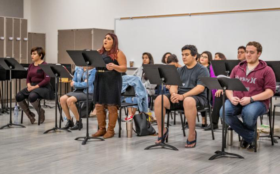 “Lucinda y las Flores de la Nochebuena,” an opera composed in 2014, tells the story of the miracle of the first poinsettia. The UTRGV Opera Theater will perform the opera for local school children on Nov. 16. Performances will open to the public at 7 p.m. Saturday, Nov. 17, and again at 3 p.m. Sunday, Nov. 18, at the TSC Performing Arts Center in Brownsville. Faculty Daniel Hunter-Holly, and Evangelia Leontis hosted the opera's composer, Evan Mack, and librettist Joshua McGuire, who met with the student performers and gave them tips and instruction for their upcoming performances. (UTRGV Photo by David Pike)