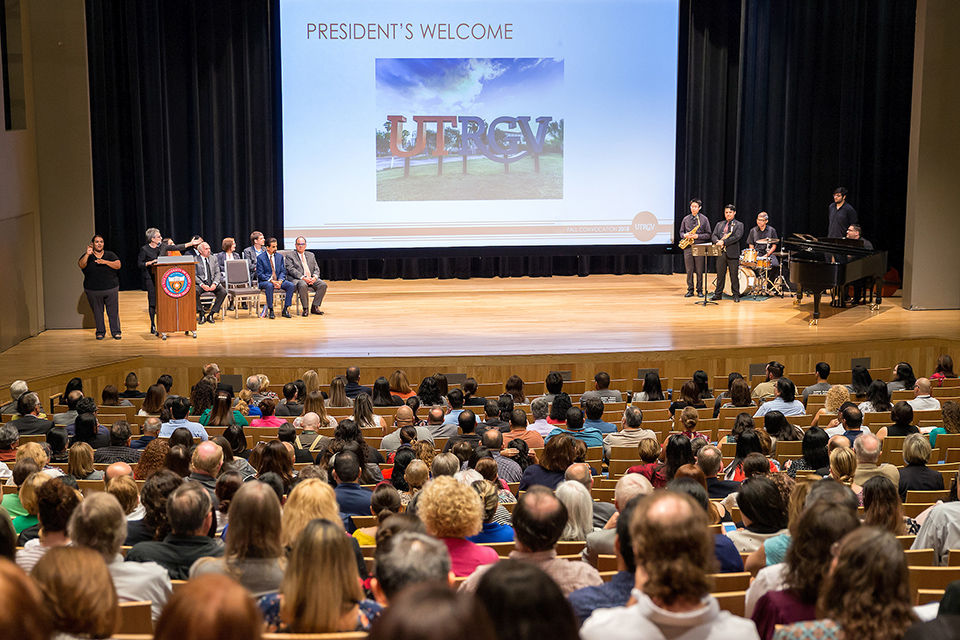 The University of Texas Rio Grande Valley celebrated another successful academic year with two convocation ceremonies that focused on past accomplishments and future goals for the university. Hosted by the Division of Academic Affairs, the convocations were held Aug. 22 in the Performing Arts Complex on the Edinburg Campus, and on Aug. 23 at the TSC Arts Center in Brownsville. UTRGV President Guy Bailey told the audience that the first UTRGV class – which started in 2015 – is due to graduate this year. ‘Our first goal is student success,’ he said. (UTRGV Photo by Paul Chouy)