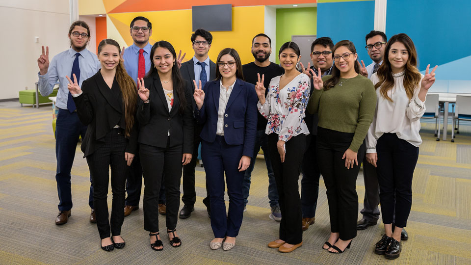 Eleven UTRGV students have been selected for the Rio Grande Valley Legislative Internship Program (VLIP) and will spend this spring interning at the State Capital during the 86th Texas Legislative Session. They include (first row, from left) Ylana Robles, Stacie Morales, Bertha Lance, Sharo Lopez (alternate), Jacquelyn Hernandez and Monica Garcia; (second row, from left) Khalid Aboujamous, Erick Longoria, Jesus Galindo, Javier Bustos, Giovanni Rosas Escobedo and Eric Vargas. (Courtesy Photo)