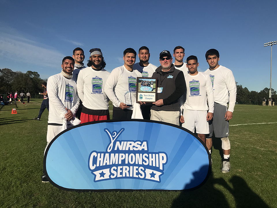 The UTRGV men’s flag football intramural team, the Ravens, won the 2018 NIRSA National Flag Football Championship title in Pensacola, Fla. in early January. The team defeated Georgia College in a 40-26 game to bring home the national title. (Courtesy Photo)