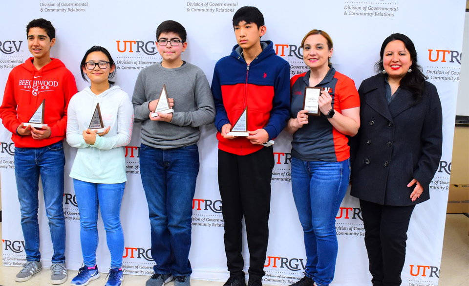 Sharyland North Junior High earned first place at the MATHCOUNTS competition at UTRGV on Feb. 9, and now advance to the state competition. From left are Derick Lee, Emilio Del Angel, Hailey Aul, Daniel Ramirez, Coach Veronica Gonzalez, and Karen Dorado, UTRGV director of Special Programs and Community Relations.  (Courtesy Photo)