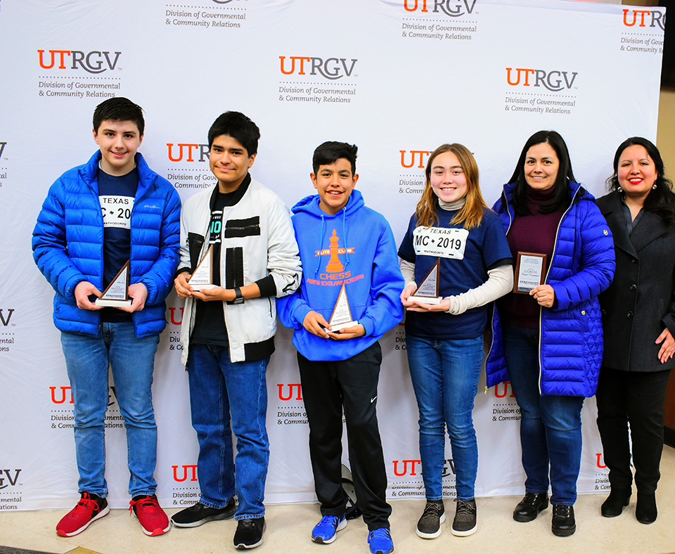 Rising Scholars Academy of South Texas placed second at the MATHCOUNTS competition at UTRGV on Feb. 9 and now advances to the state competition. From left are Raul Marquez, Diego Decio, Anthony Acevedo, McKenzie Brown, Coach Maria Marquez, and Karen Dorado, UTRGV director of Special Programs and Community Relations. (Courtesy Photo)