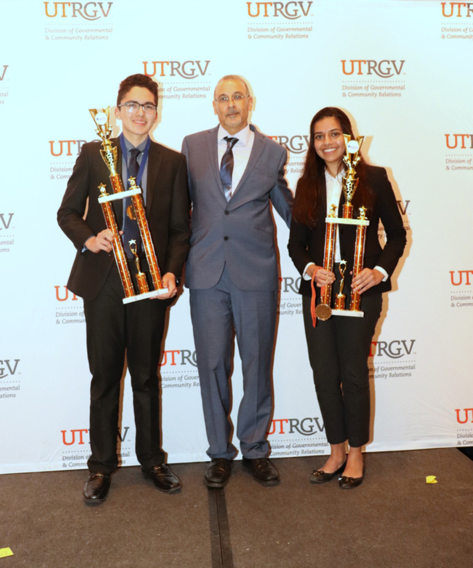 The top three winners in the senior division at the RGV Regional Science and Engineering Fair will represent the region at the Intel International Science & Engineering Fair, May 12-17, in Phoenix, Arizona. Pictured left to right: Pablo Vidal, Grand Champion, UTRGV Mathematics & Science Academy; Dr. Mahmoud Quweider, UTRGV associate dean of Outreach and Online Programs, College of Engineering and Computer Sciences; and Samya Ahsan, first runner-up, UTRGV Mathematics & Science Academy. Not pictured is Valeria Stevens, second runner-up, McAllen High School. (Courtesy Photo)