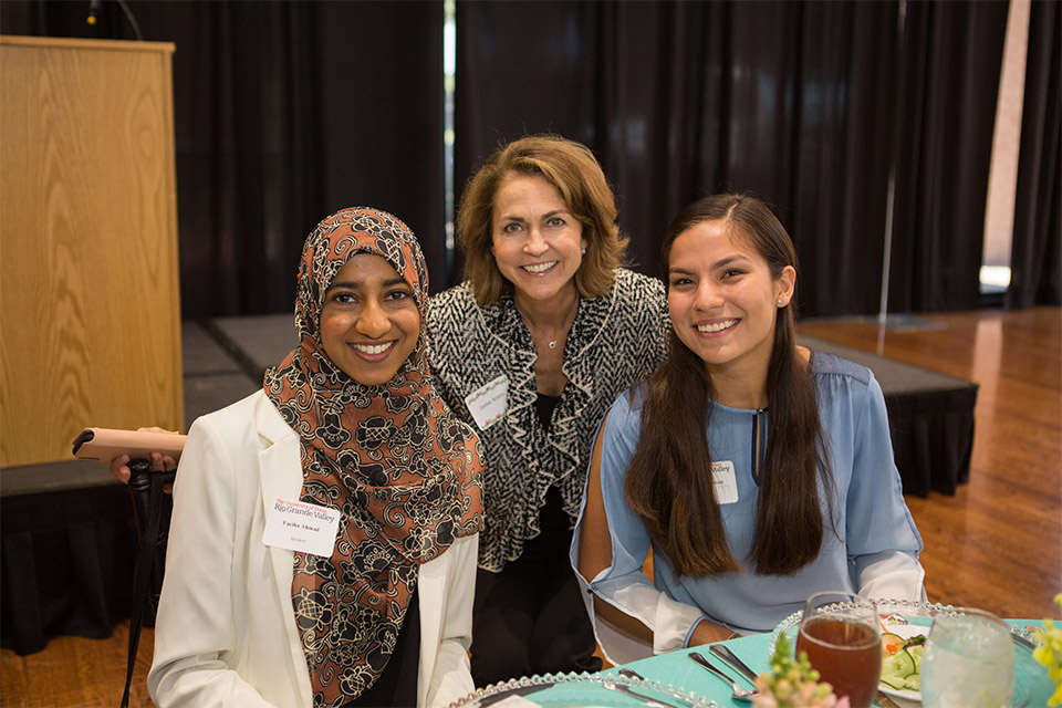 UTRGV Deputy President Dr. Janna Arney (at center) is shown here at the university’s annual Donor Scholarship Luncheon, March 21, 2019, on the Edinburg Campus, with students Fariha Ahmad (at left), a UTRGV sophomore mechanical engineering major, and Andrea Morrison (at right), a UTRGV first-year biology major. (UTRGV Photo by Silver Salas)