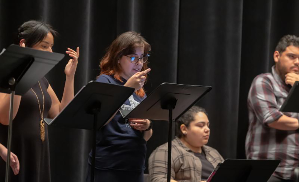 The UTRGV student cast and orchestra rehearse for the upcoming "Carmen" performance. The fully-staged production features music and spoken dialogue in Spanish translation by Eduardo de Bray, with surtitles in English. (UTRGV Photo by David Pike.)