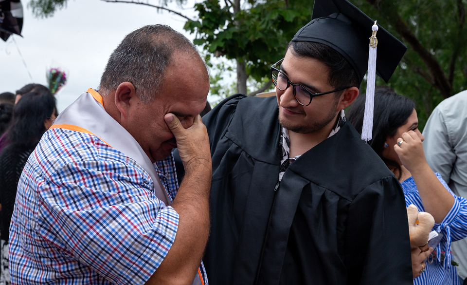 Francisco Perez tears up after his son, also named Francisco Perez, graduates at the UTRGV 9am Spring Commencement for the College of Fine Arts and the College of Liberal Arts on Saturday, May 11, 2019 at the McAllen Convention Center in McAllen, Texas.  UTRGV Photo by Paul Chouy