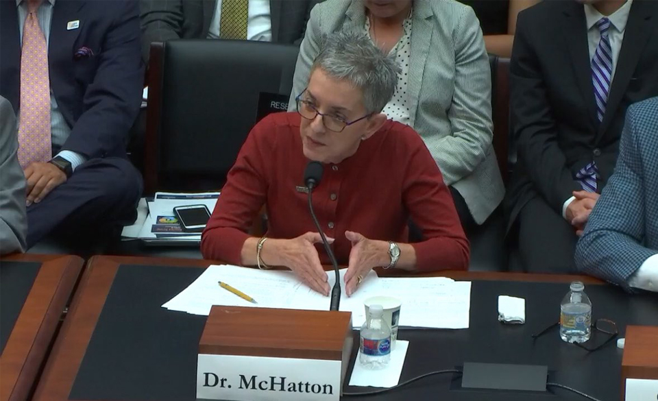 Dr. Patricia Alvarez McHatton, UTRGV executive vice president for Academic Affairs, Student Success, and P-16 Integration, is shown here on Wednesday, May 22, testifying in Washington, D.C., before the House Subcommittee on Higher Education and Workforce Investment. The subcommittee was hearing testimony on the role of community colleges, Historically Black Colleges and Universities, and Minority-Serving Institutions in preparing students for success. McHatton shared with House committee members the efforts being undertaken at UTRGV –the largest Hispanic-Serving Institution in Texas and the second-largest in the United States – to ensure student success. (Courtesy Photo)