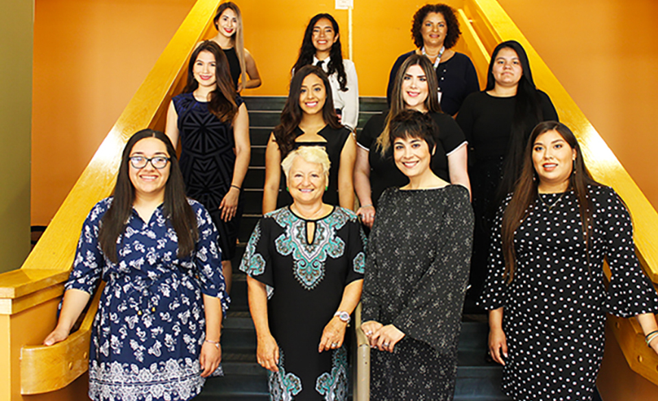 The UTRGV School of Nursing on May 23 welcomed eight students from the Pharr-San Juan-Alamo Independent School District who are prospective UTRGV nursing students enrolled in Project HEAL2 (Health Education and Leadership for All). The program, operated by the Region One Education Service Center, provides high school students interested in a nursing career with educational opportunities and experiences to kick start their career. Shown here are (front row, from left) student Erika M. Lopez; Dr. Sharon Radzyminski, dean, UTRGV School of Nursing; Dr. Eliza Alvarado, director, Project HEAL2 at Region One Education Service Center; and student Sandra L. Gonzalez. (Middle row, from left) Students Hailey Jasso, Ximena Cano, Mabel Garza and Rebecca Martinez. (Back row, from left) students Kaycee Garza and Kaelin Cabrera, and Nancy Nadeau, clinical associate professor and project coordinator of Project HEAL2 at the UTRGV School of Nursing.