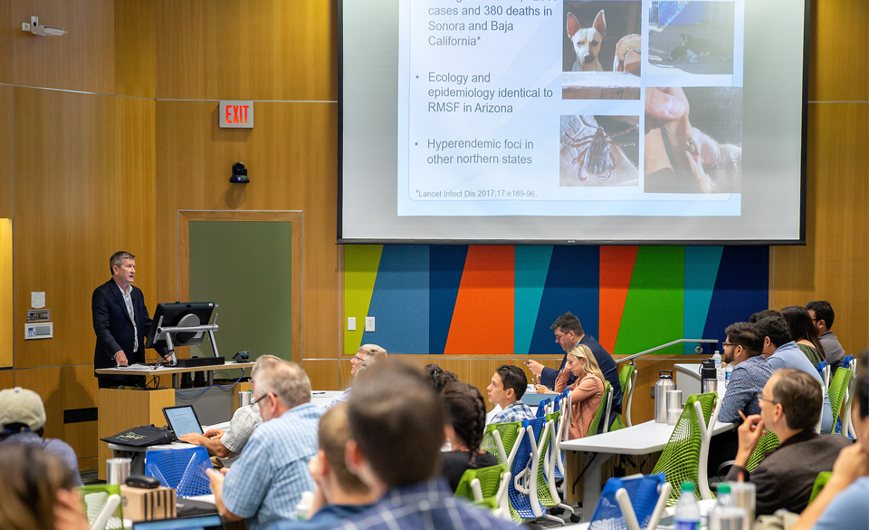 Dr. Chris Paddock, pathologist and rickettsiologist at the Centers for Disease Control and Prevention (CDC), delivered the keynote presentation at the third annual Progress Meeting of the Western Gulf Center of Excellence for Vector-Borne Diseases, held June 20-21, 2019, at the Medical Education Building on the UTRGV Edinburg Campus. UTRGV hosted the event, in collaboration with the UTRGV Center for Vector-Borne Diseases, the Centers for Disease Control and Prevention, and UT Medical Branch’s Western Gulf Center of Excellence for Vector-Borne Diseases, and with the assistance of the UTRGV Department of Biology and UTRGV College of Sciences. (UTRGV Photo by Paul Chouy)