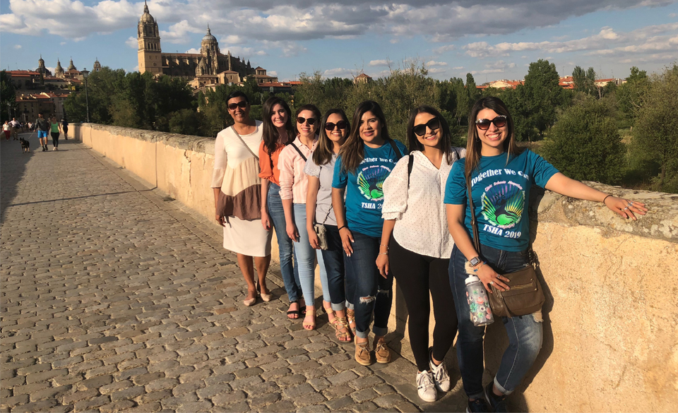 UTRGV Study Abroad students stand at the historic Roman Bridge, which crosses the Tormes River on the banks of the city of Salamanca, in Castilla y León, Spain. (Courtesy Photo)