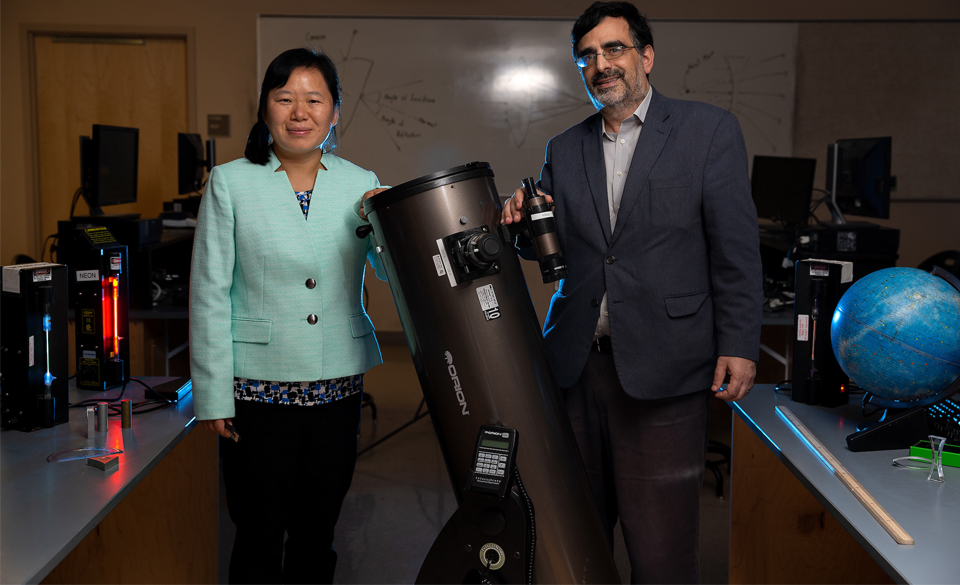 Dr. Nicolas Pereyra and Dr. Liang Zeng, both UTRGV associate professors of physics, have been chosen as PhysTEC Fellows for the 2019-2020 cohort. PhysTEC is an organization focused on improving and promoting the education of future physics teachers, and through this fellowship, Pereyra and Zeng will work on increasing the number of high school physics teachers in the Valley over the next two years. (UTRGV Photo by Paul Chouy)