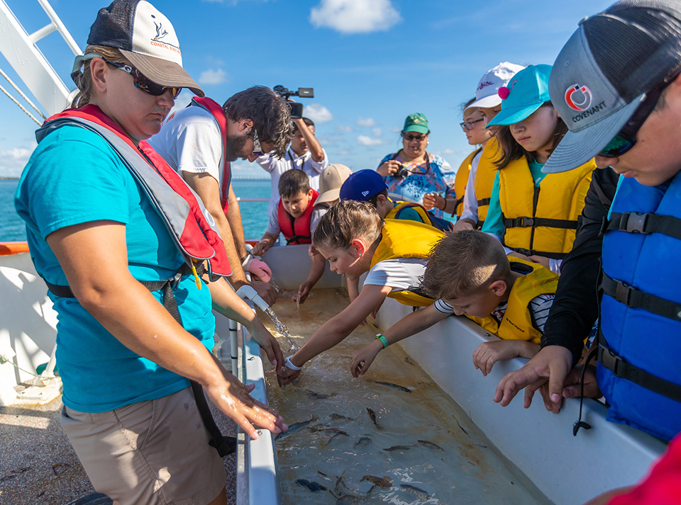 Area children this summer are aboard the R/V Ridley, UTRGV’s floating classroom, to learn about marine life up close and in a hands-on environment through the university’s Coastal Studies Lab summer camps. Children attending use a touch-tank to view and interact with the marine critters pulled up in nets, and get to study plankton under a microscope. They also participate in fun learning projects like hermit crab races and fish painting. (UTRGV Photo by David Pike)