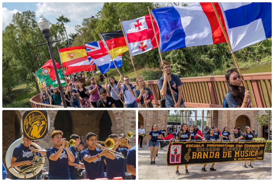 Collage of international students waving flags, Mexican high school band players and cheerleaders.