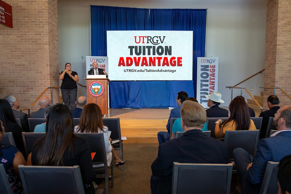 President Bailey speaks in front of audience about the UTRGV Tuition Advantage grant.