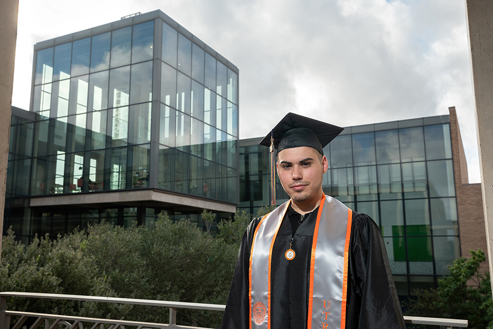 Gabriel Islas, a graduating UTRGV student and Interdisciplinary EC-6 ESL major, will graduate on Dec. 14 at the Bert Ogden Arena in Edinburg during Fall 2019 Commencement. Islas’ journey to his own acceptance of being gay proved to be difficult, and one particular assignment during his time at UTRGV proved to seriously test him emotionally.  He created a hand-crafted children’s book, and a short video, entitled “The Who Behind the Me.” The process left him vulnerable, he said, but he wanted to be transparent and, as a future educator, he wants to make a difference for future students. (UTRGV Photo by Paul Chouy)