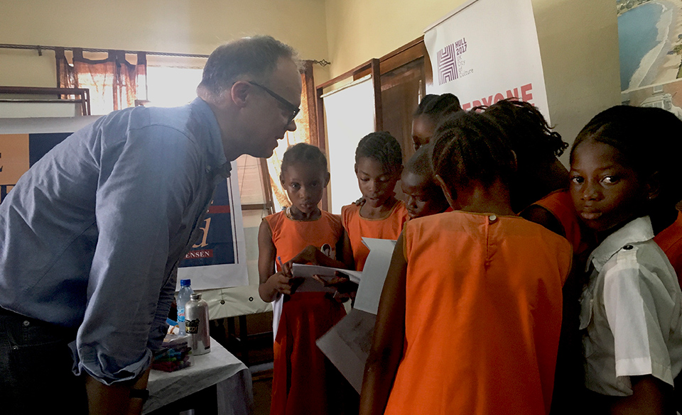 Dr. Matthew Christensen, professor of English in UTRGV’s Department of Literatures and Cultural Studies, spent the final week of November in Freetown, Sierra Leone, where he delivered the keynote address at Amistad Week at the invitation of Sierra Leone’s Ministry of Tourism and Cultural Affairs. He also gave a series of talks and conducted a workshop (shown here) in conjunction with the publication of his newest book, Staging the Amistad: Three Sierra Leonean Plays. (Courtesy Photo)