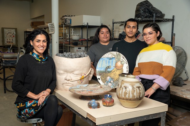 Shown are ceramics by UTRGV students of Raheleh Filsoofi (at left), assistant professor in the UTRGV School of Art