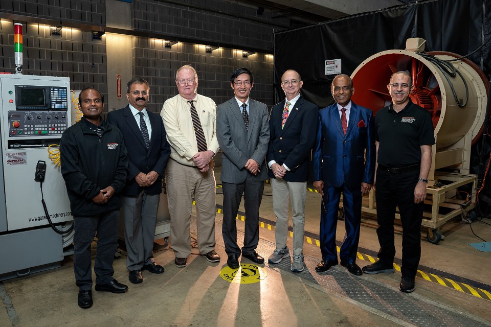 From left are Dr. Isaac Choutapalli, co-PI on the project; Dr. Rajiv Nambiar, chair of UTRGV Manufacturing and Industrial Engineering; Dr. Alley Butler, co-PI; Dr. Li, principal investigator; Dr. Douglas Timmer, co-PI; Dr. Anil Srivastava, co-PI; and Dr. Ala Qubbaj, dean of the College of Engineering and Computer Science.