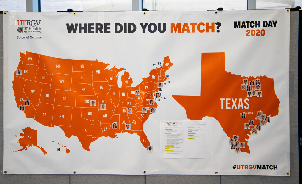 UTRGV's School of Medicine inaugural class participated in Match Day 2020. One hundred percent of them successfully matched to a residency program within the United States, with four students matching to residency programs in the Rio Grande Valley. Match Day, a national day of recognition for medical schools, is the day fourth-year medical students read their letters from the National Resident Matching Program (NRMP), which determines the best possible matches for them to fill available training positions at hospitals around the country.