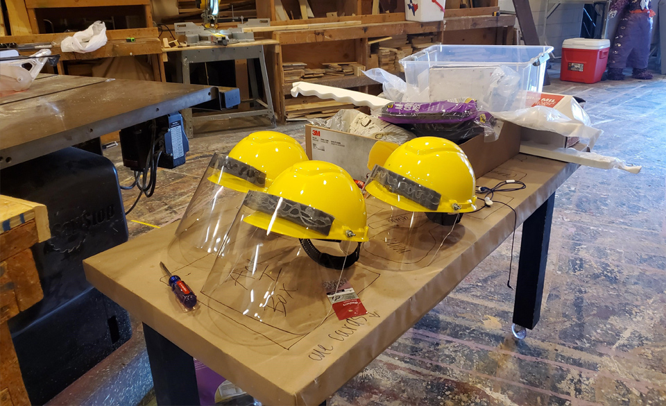 Face shields crafted by the UTRGV Theatre Department sit ready to be used. (Courtesy Photo)