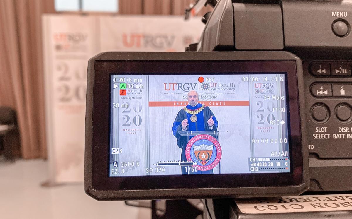 UTRGV President Guy Baily addresses the inaugural UTRGV School of Medicine Class of 2020 remotely. (Courtesy Photo)