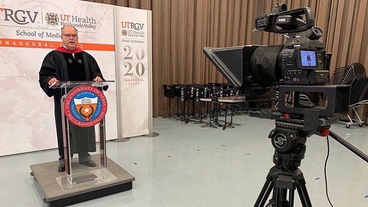 Dr. John Krouse, dean of the UTRGV School of Medicine and executive vice president for Health Affairs, addresses the inaugural Class of 2020 remotely. (Courtesy Photo)