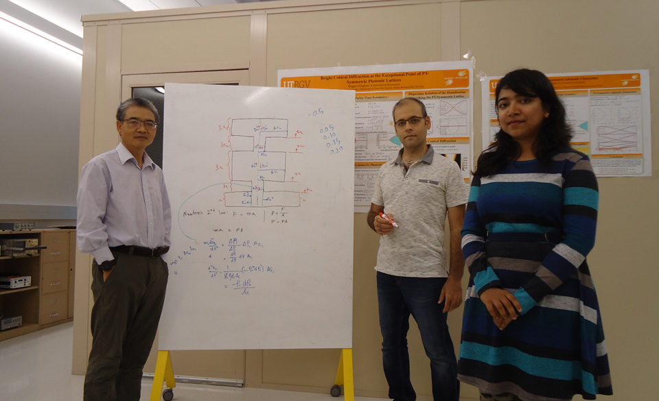 (From left) Dr. Baofeng Feng, professor of Mathematical and Statistical Sciences, is co-PI on a recently awarded project with Dr. Hamidreza Ramezani, PI and assistant professor of Physics and Astronomy. They work in the lab with graduate student Rima Ferdous, who is pursuing a master's degree under Ramezani’s guidance. While there is no funding in the grant for graduate student support, Ferdous and other students benefits from exposure to research and may contribute to the project under the supervision of the PI and co-PI. (UTRGV Photo)