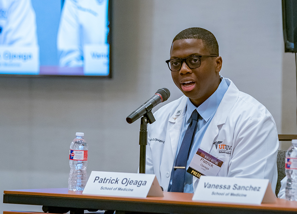 Patrick Ojeaga, a fourth-year medical student at the UTRGV School of Medicine, is pictured participating in a panel of UTRGV student champions during last year’s UT System Chancellor's Council Executive Committee Winter Meeting.