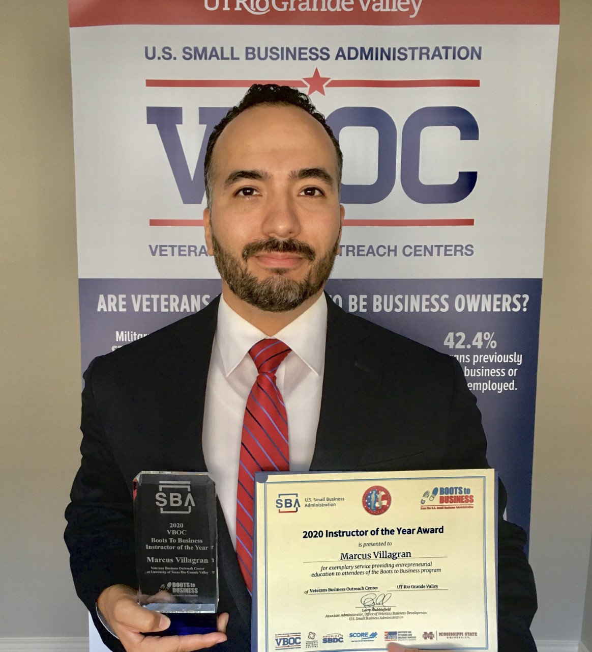Marcus Villagran, UTRGV Economic Development Veterans Business Outreach Center specialist, was recently awarded the Veterans Business Outreach Center Boots to Business Instructor of the Year by the U.S. Small Business Administration. (Courtesy Photo)