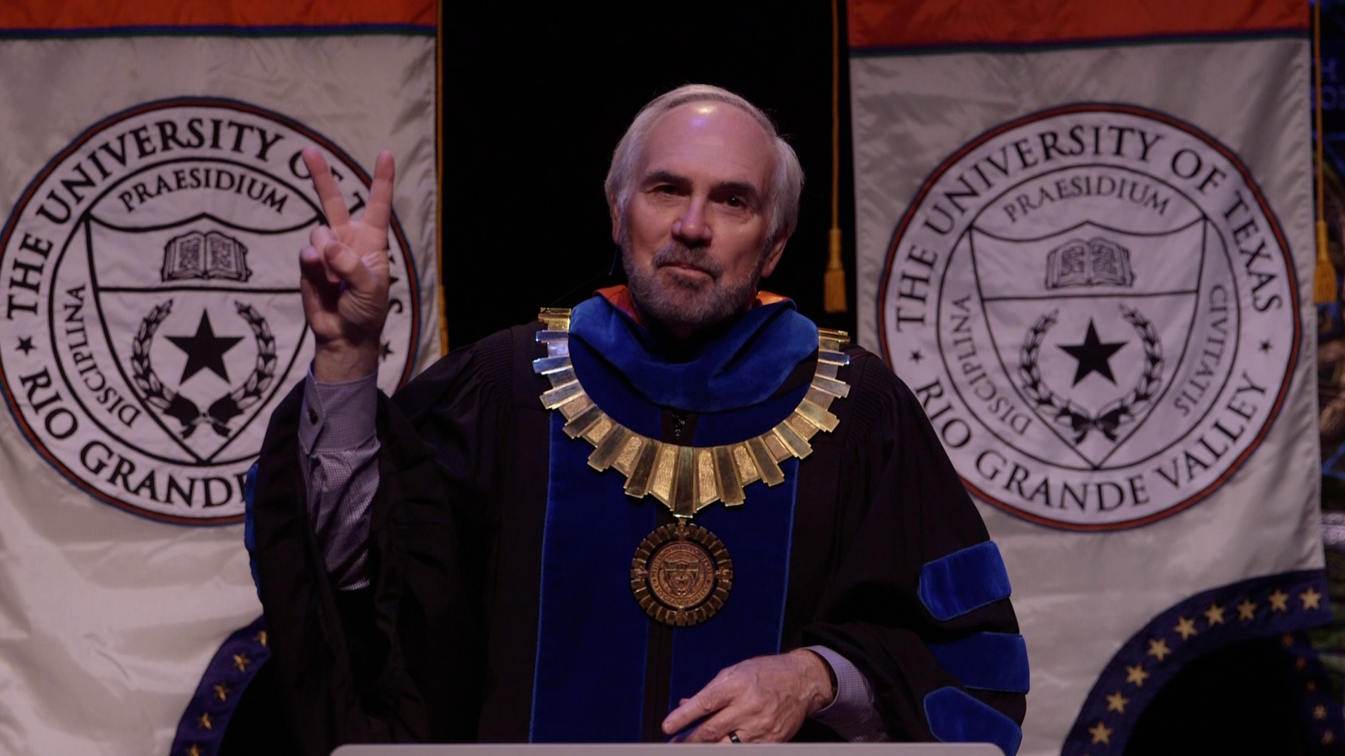 UTRGV President Guy Bailey shows his school spirit by putting his V's Up during the 2020 Fall Virtual Commencement on Saturday, Dec. 12. The virtual event celebrated close to 2,700 graduates. (UTRGV Photo by Paul Chouy)